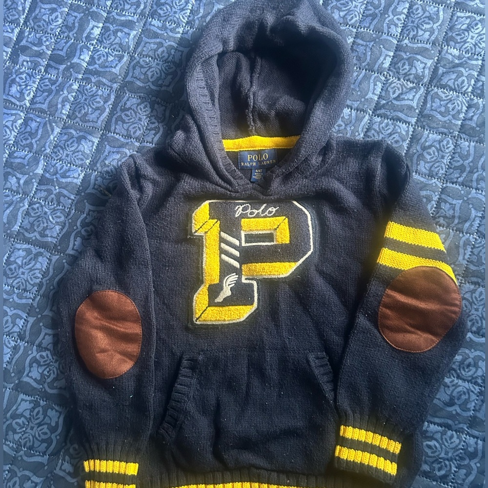 Polo Ralph Lauren hoodie knit letter”P” boys sweater blue&yellow good cond sz 4t